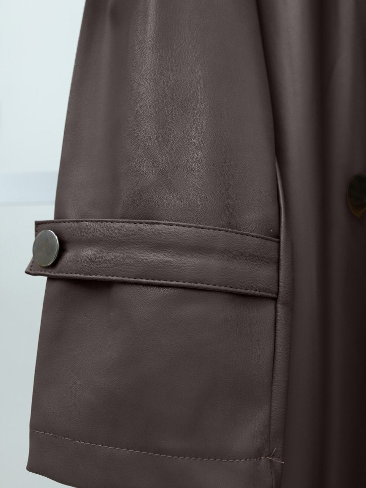 Kemerli Yan Cepli Deri Trenckot -Kahve