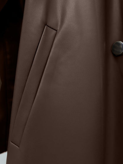 Kemerli Yan Cepli Deri Trenckot -Kahve