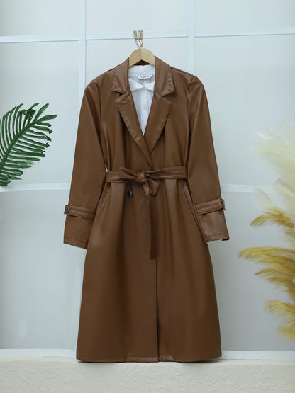 Kemerli Yan Cepli Deri Trenckot -Taba