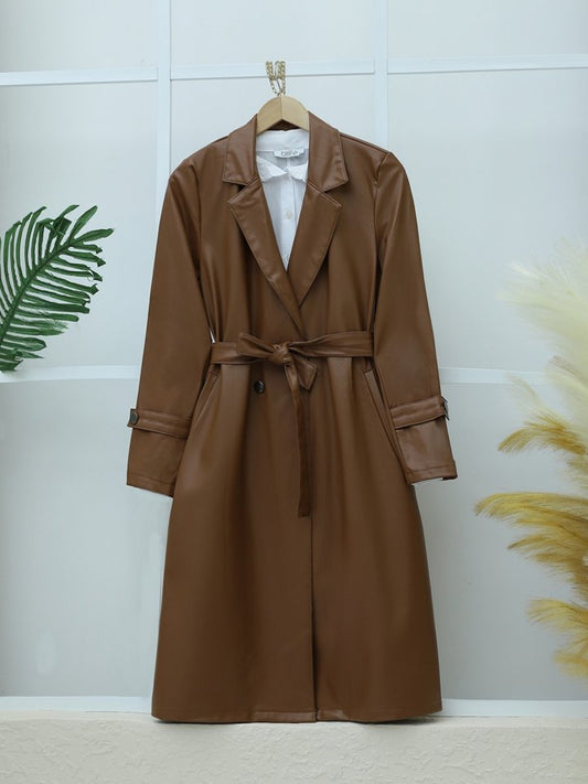 Kemerli Yan Cepli Deri Trenckot -Taba