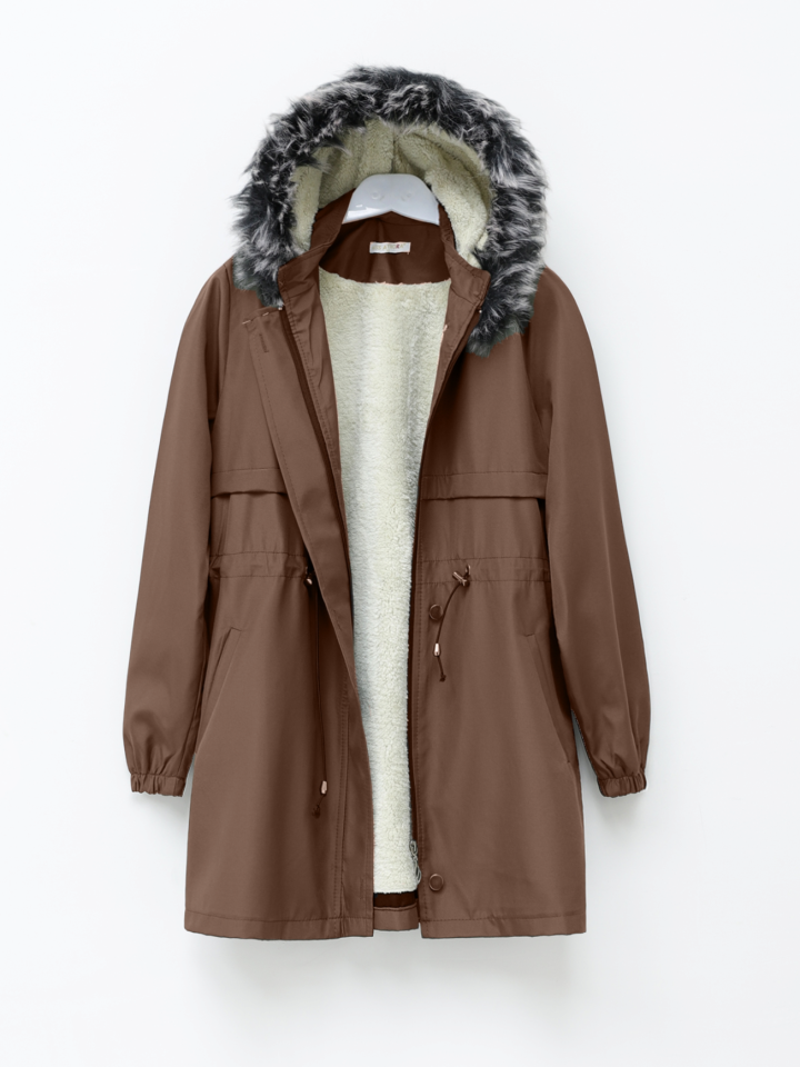 Kürklü Çıkma Kapşonlu Bağcıklı Bondit Kaban -Taba