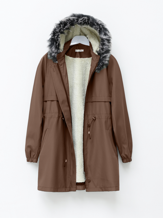 Kürklü Çıkma Kapşonlu Bağcıklı Bondit Kaban -Taba