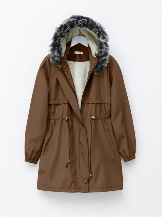 Kürklü Çıkma Kapşonlu Bağcıklı Bondit Kaban -Taba