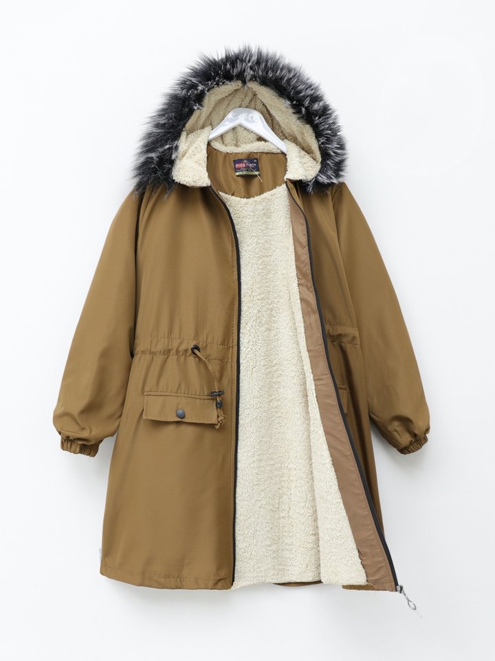 Sabit Kapşonlu İçi Kürklü Bondit Kaban -Taba