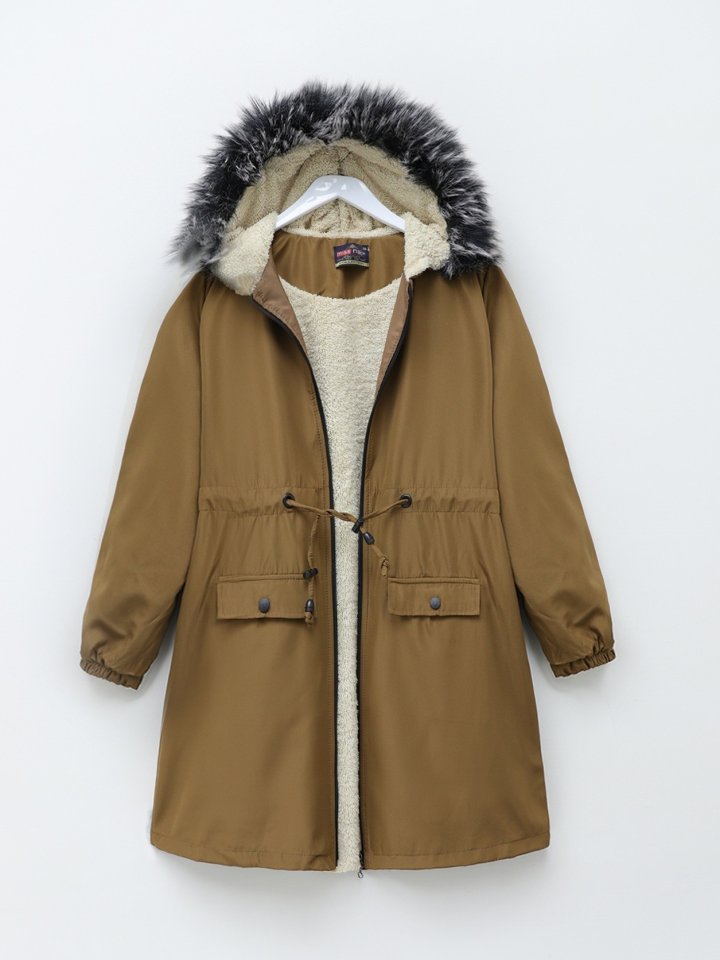 Sabit Kapşonlu İçi Kürklü Bondit Kaban -Taba