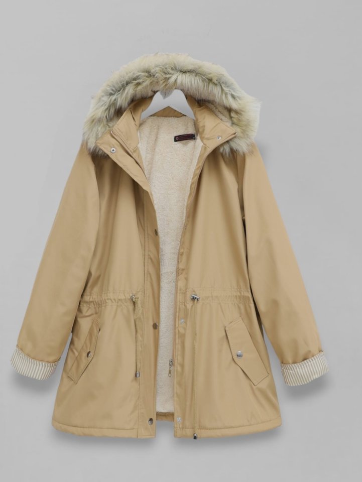 Kürklü Çıkma Kapşonlu İçi Peluşlu Mont -Vizon