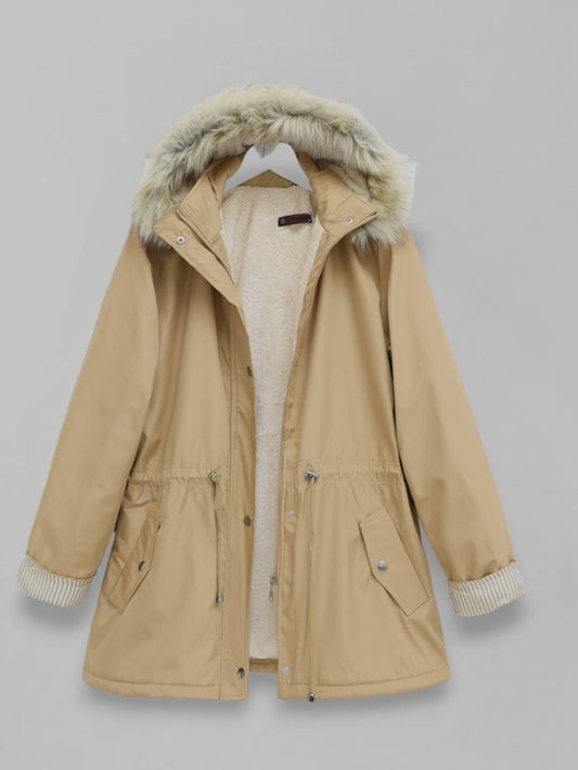 Kürklü Çıkma Kapşonlu İçi Peluşlu Mont -Vizon