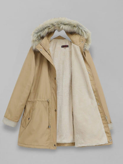 Kürklü Çıkma Kapşonlu İçi Peluşlu Mont -Vizon