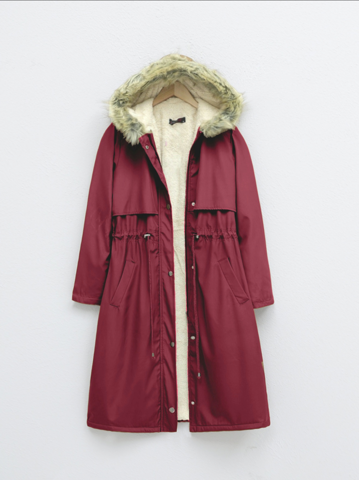 İçi Peluşlu Sabit Kapşonlu Tünel Bağcıklı Uzun Mont  -Bordo