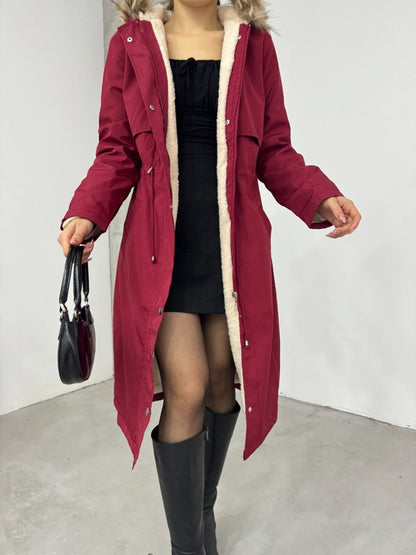 İçi Peluşlu Sabit Kapşonlu Tünel Bağcıklı Uzun Mont  -Bordo