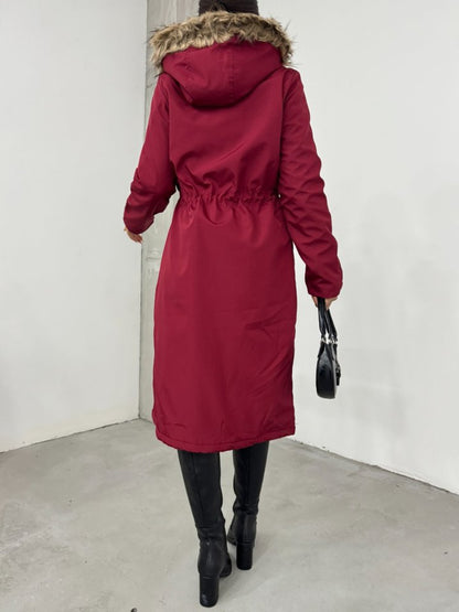 İçi Peluşlu Sabit Kapşonlu Tünel Bağcıklı Uzun Mont  -Bordo