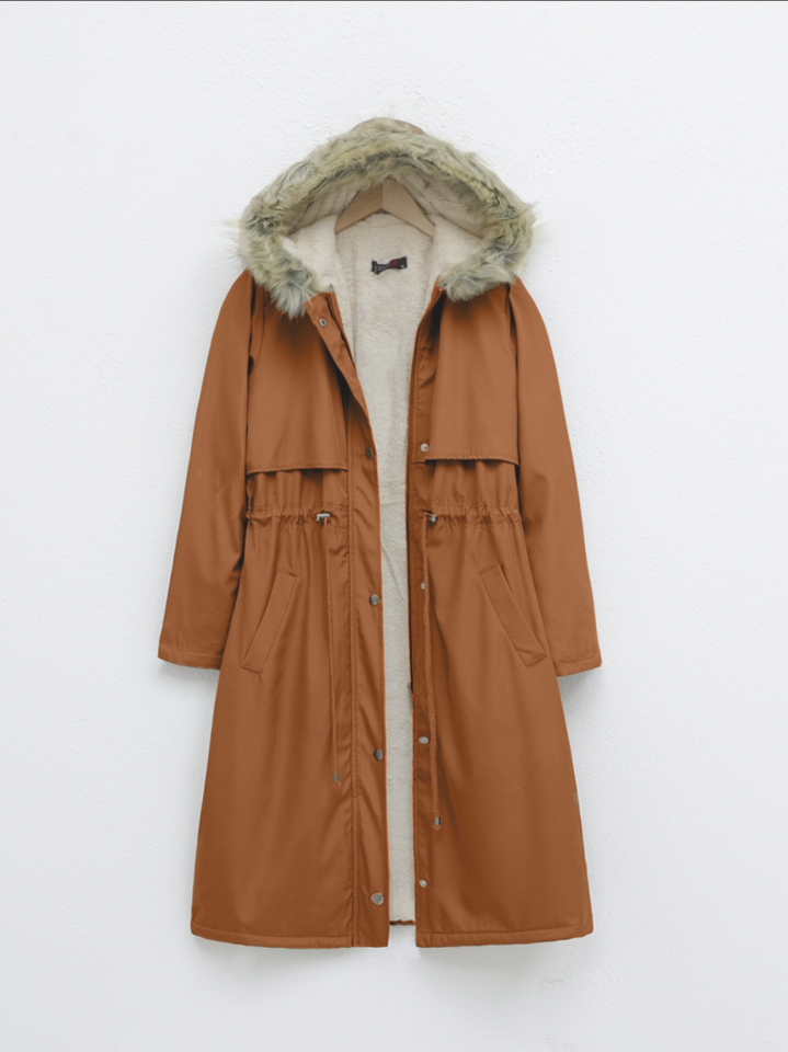 İçi Peluşlu Sabit Kapşonlu Tünel Bağcıklı Uzun Mont  -Hardal