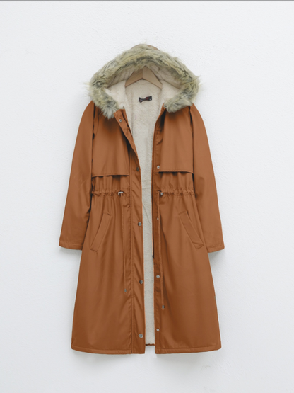 İçi Peluşlu Sabit Kapşonlu Tünel Bağcıklı Uzun Mont  -Hardal