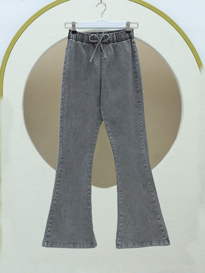 İspanyol Paça Bağcık Detaylı Kot Pantolon  -Açık Gri