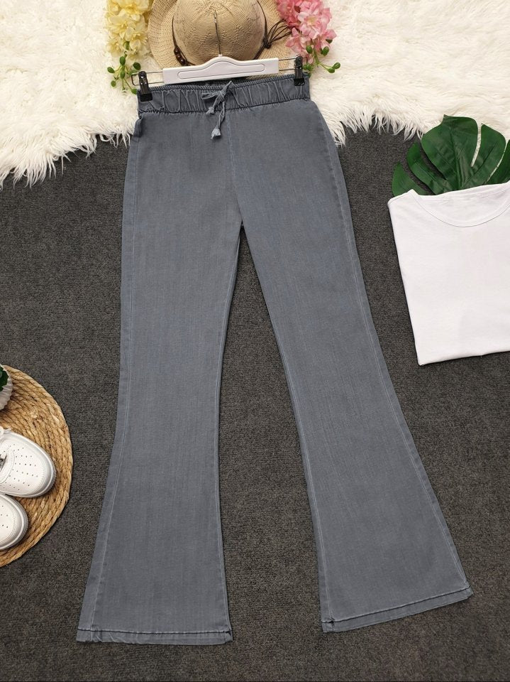 İspanyol Paça Bağcık Detaylı Kot Pantolon  -Açık Gri