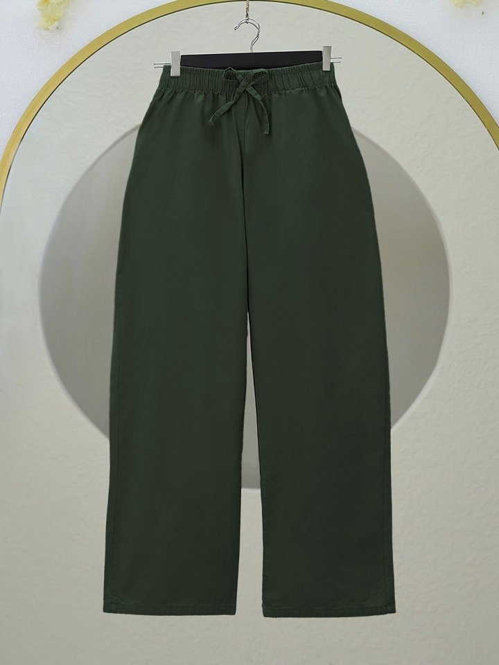 Bağcık Detaylı Bol Paça Beli Lastikli Keten Pantolon -Haki