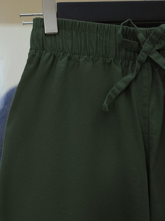 Bağcık Detaylı Bol Paça Beli Lastikli Keten Pantolon -Haki