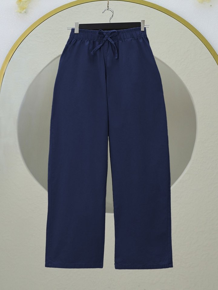 Bağcık Detaylı Bol Paça Beli Lastikli Keten Pantolon -K.Laci