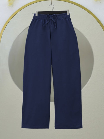 Bağcık Detaylı Bol Paça Beli Lastikli Keten Pantolon -K.Laci