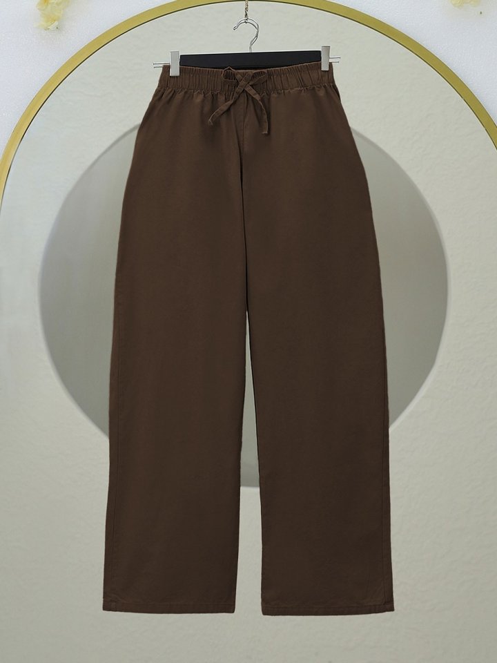 Bağcık Detaylı Bol Paça Beli Lastikli Keten Pantolon -Kahve