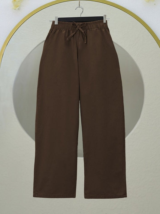 Bağcık Detaylı Bol Paça Beli Lastikli Keten Pantolon -Kahve