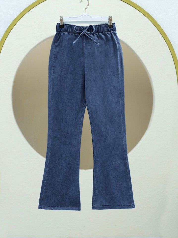 İspanyol Paça Bağcık Detaylı Kot Pantolon  -Buz Mavi