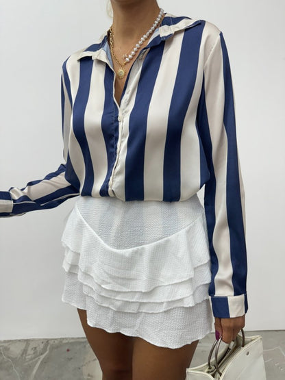 Boydan Düğmeli Arkası Uzun Saten Gömlek-Laci