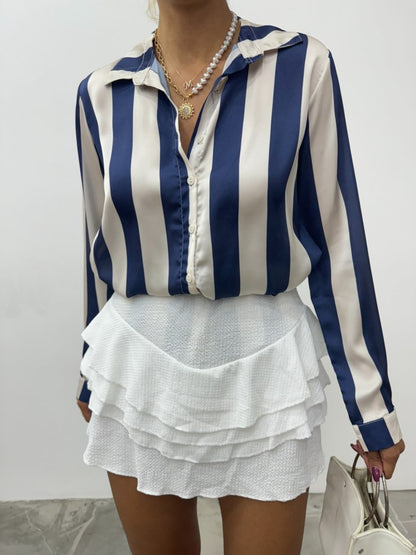 Boydan Düğmeli Arkası Uzun Saten Gömlek-Laci