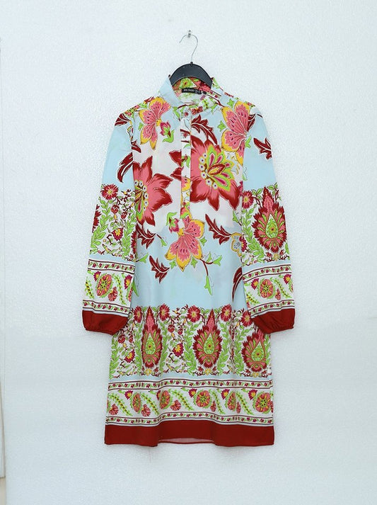 Çiçek Desenli Yarım Düğmeli Pamuk Viskon Tunik -Kiremit