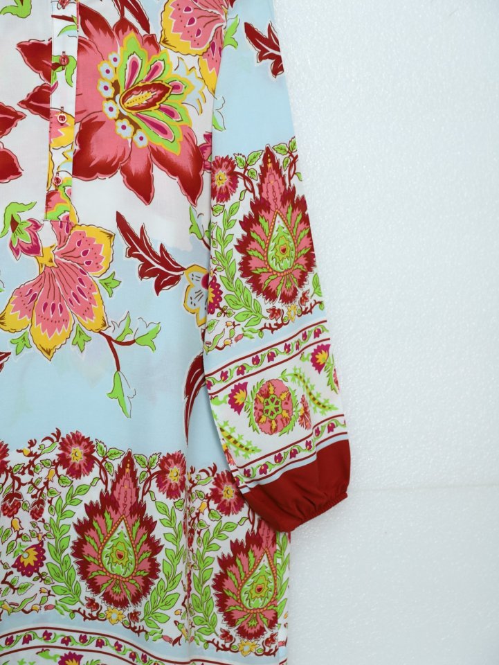 Çiçek Desenli Yarım Düğmeli Pamuk Viskon Tunik -Kiremit