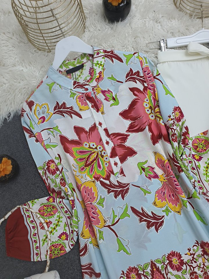 Çiçek Desenli Yarım Düğmeli Pamuk Viskon Tunik -Kiremit