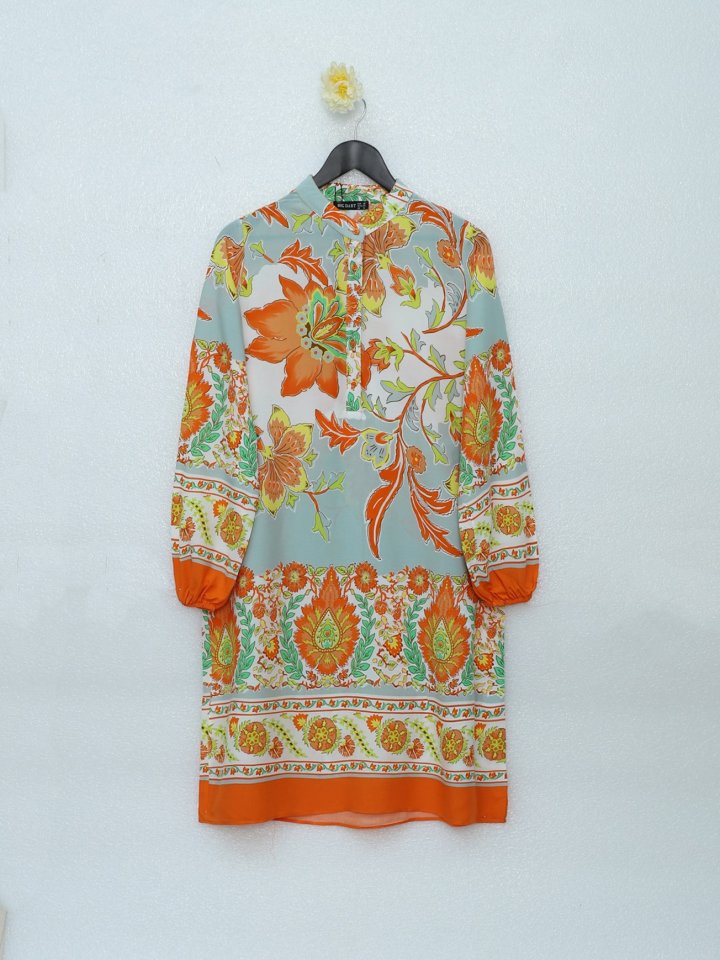 Çiçek Desenli Yarım Düğmeli Pamuk Viskon Tunik -Turuncu