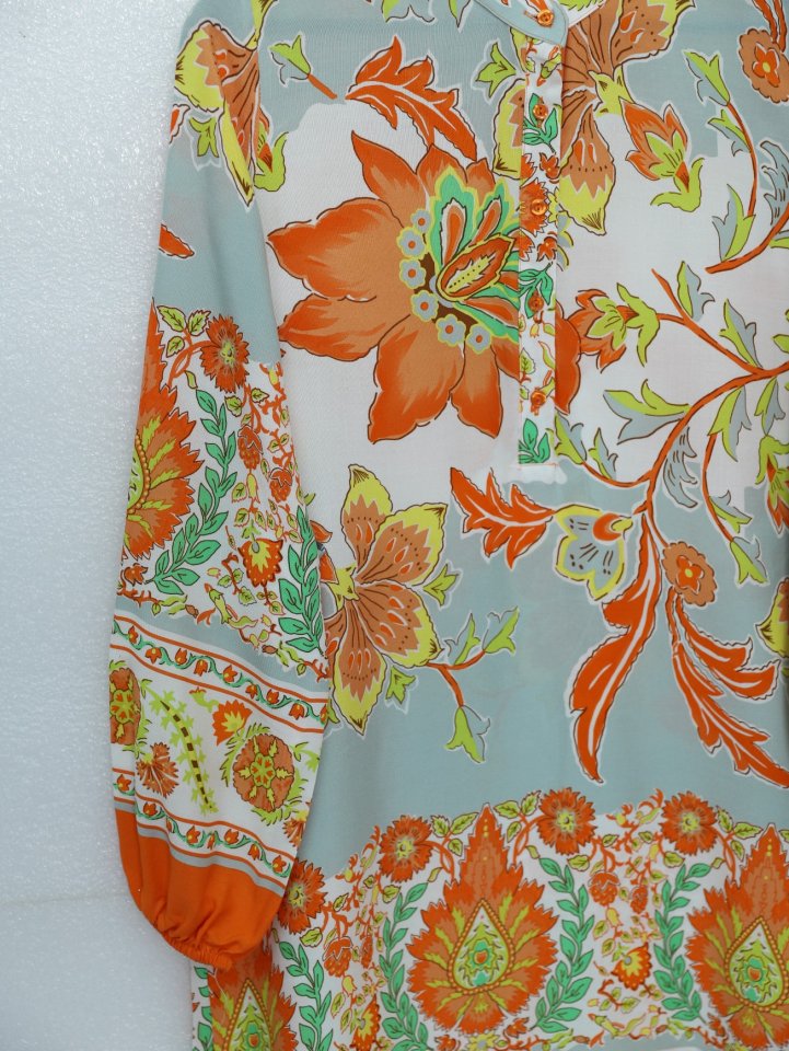 Çiçek Desenli Yarım Düğmeli Pamuk Viskon Tunik -Turuncu