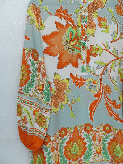 Çiçek Desenli Yarım Düğmeli Pamuk Viskon Tunik -Turuncu