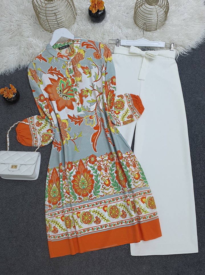 Çiçek Desenli Yarım Düğmeli Pamuk Viskon Tunik -Turuncu