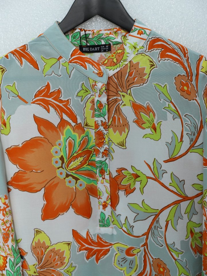 Çiçek Desenli Yarım Düğmeli Pamuk Viskon Tunik -Turuncu