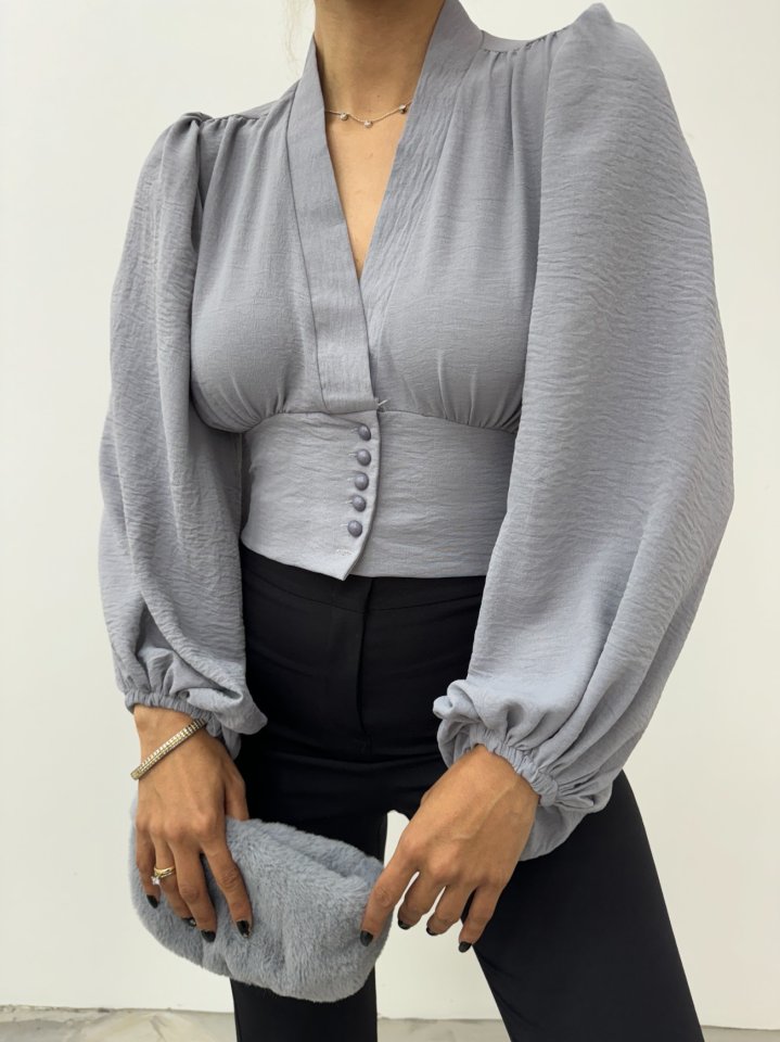 Düğmeli Arkası Lastikli Balon Kol Sandy Crop    -Gri