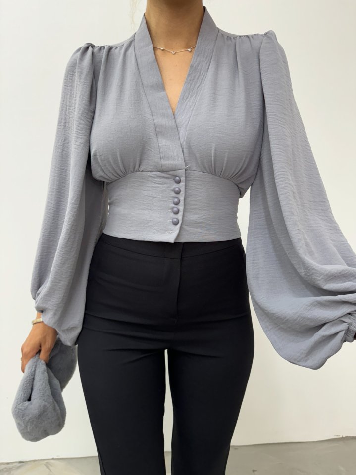 Düğmeli Arkası Lastikli Balon Kol Sandy Crop    -Gri