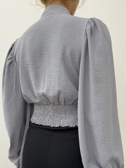 Düğmeli Arkası Lastikli Balon Kol Sandy Crop    -Gri