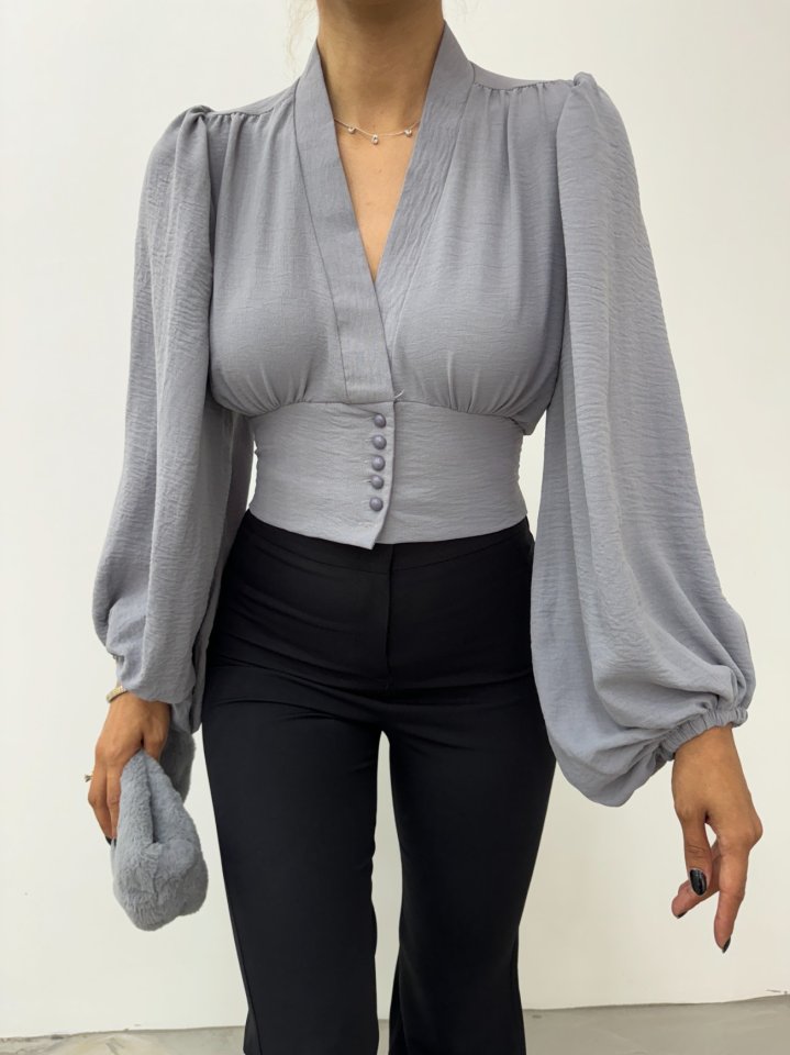 Düğmeli Arkası Lastikli Balon Kol Sandy Crop    -Gri