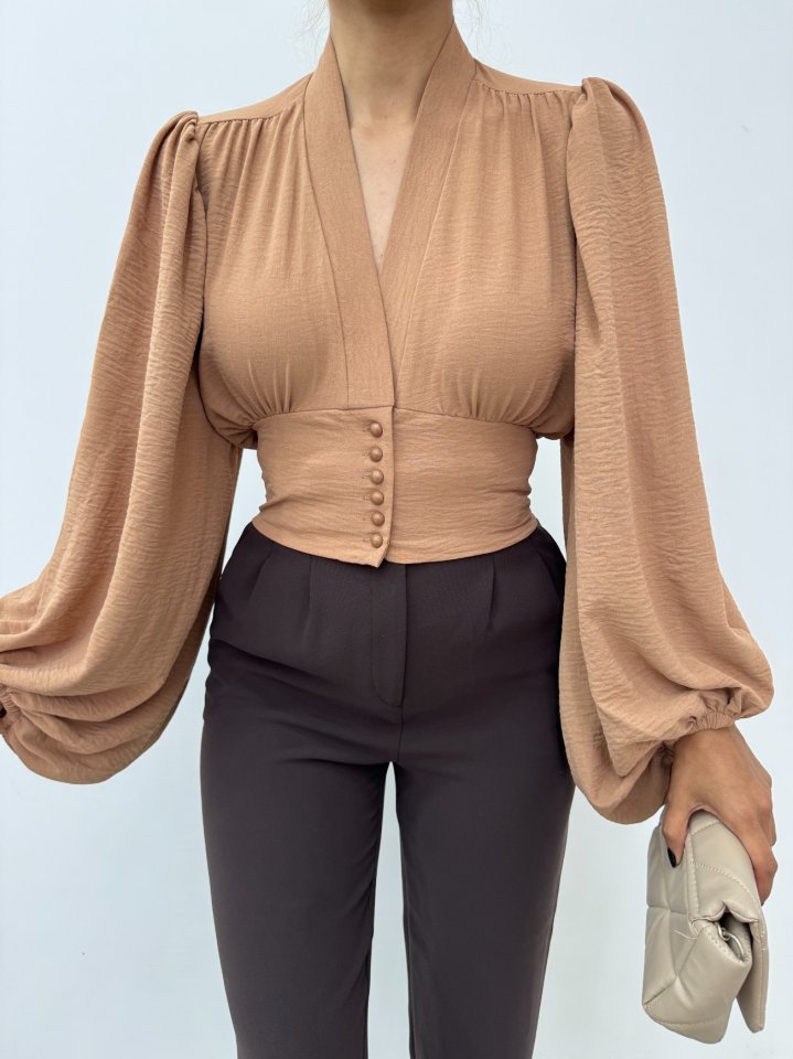 Düğmeli Arkası Lastikli Balon Kol Sandy Crop     -Vizon