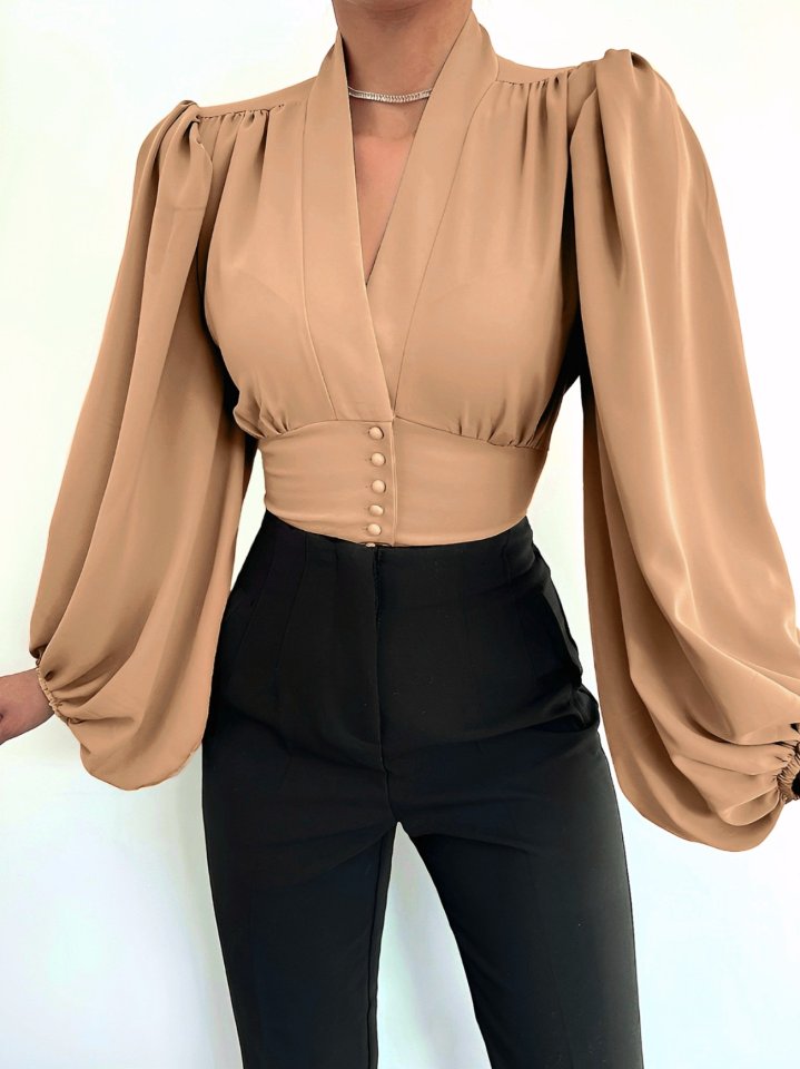 Düğmeli Arkası Lastikli Balon Kol Sandy Crop     -Vizon