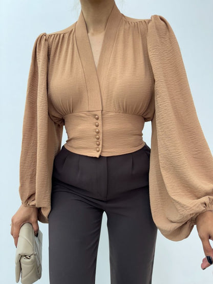 Düğmeli Arkası Lastikli Balon Kol Sandy Crop     -Vizon