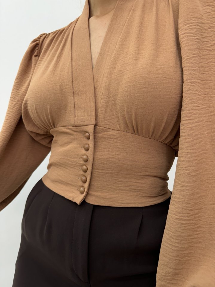 Düğmeli Arkası Lastikli Balon Kol Sandy Crop     -Vizon