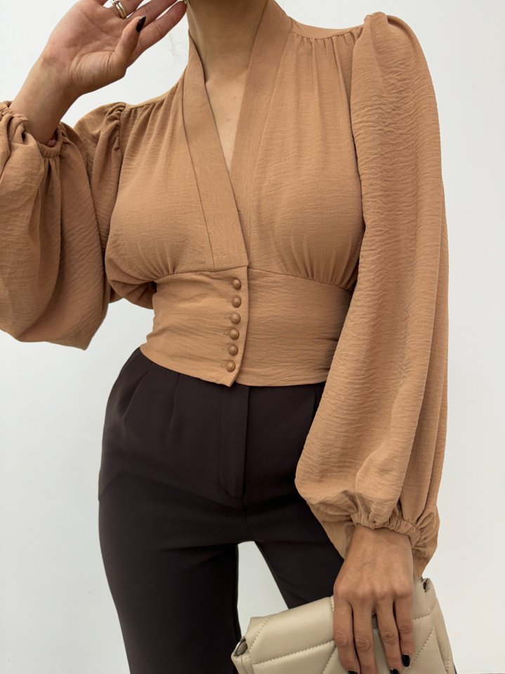 Düğmeli Arkası Lastikli Balon Kol Sandy Crop     -Vizon