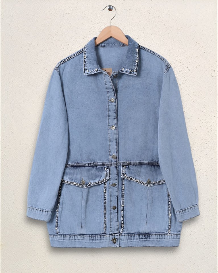 Yaka Ve Ceplerinde Taş İşlemel Kot Ceket -Buz Mavi