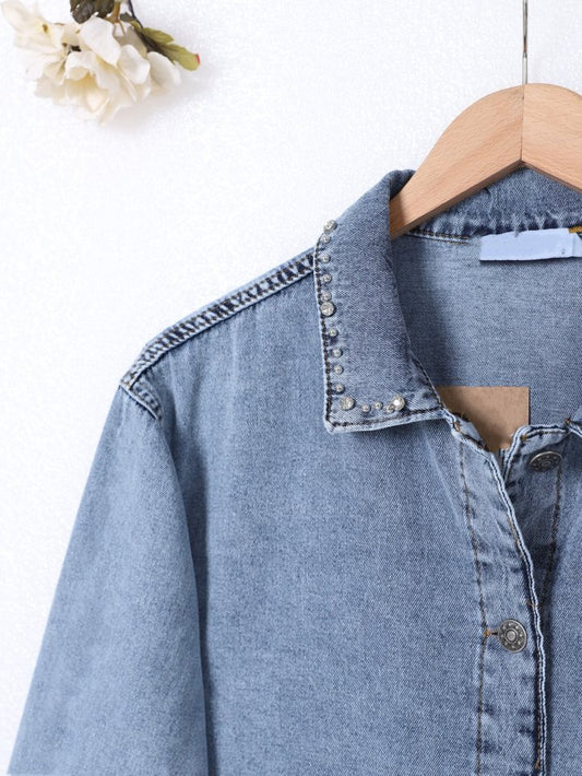 Yaka Ve Ceplerinde Taş İşlemel Kot Ceket -Buz Mavi