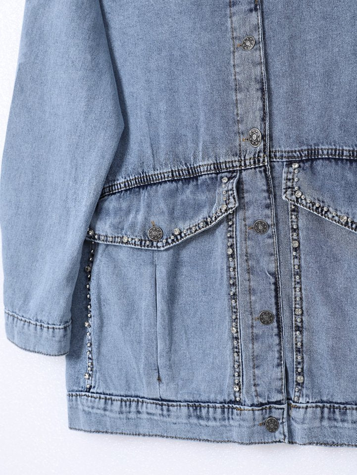 Yaka Ve Ceplerinde Taş İşlemel Kot Ceket -Buz Mavi