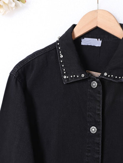 Yaka Ve Ceplerinde Taş İşlemel Kot Ceket -Siyah