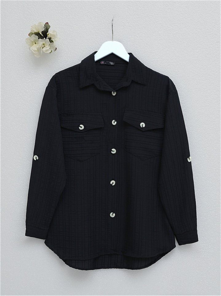 Cepleri Kapaklı Fitilli Ve Düğmeli Gömlek  -Siyah